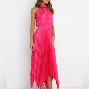 Petal and Pup Dominique Dress - Halter Neck Pleated Midi Dress in Hot Pink